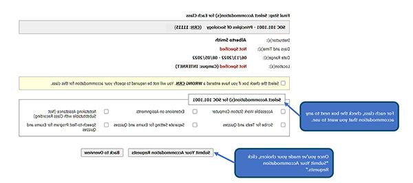 Graphic depicting Once you’ve made your choices, how to click “Submit Your Accommodation Requests.”